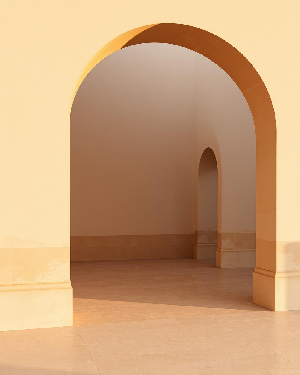 Travertine archway in warm Italian golden-hour light